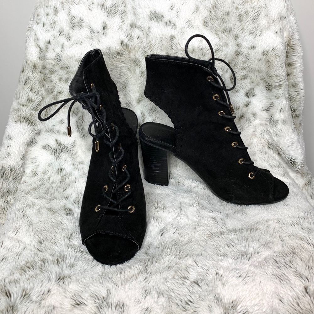 Black lace up bootie heels